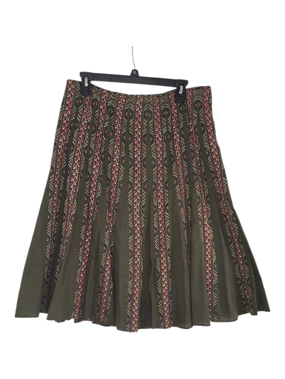 Silk Land Embroidered Full Circle Flared Midi Skirt Olive Pink Sz 14